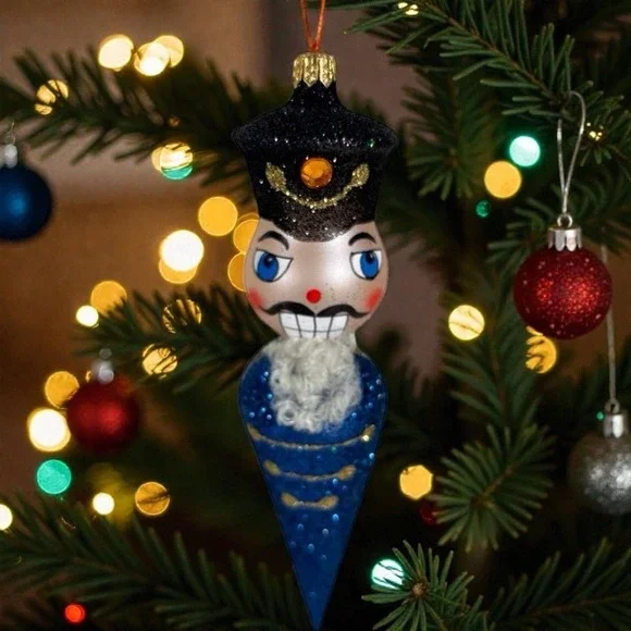 Vintage Blown Glass Christmas Ornament - Stylized Blue Nutcracker Teardrop 8" - Picture 7 of 7